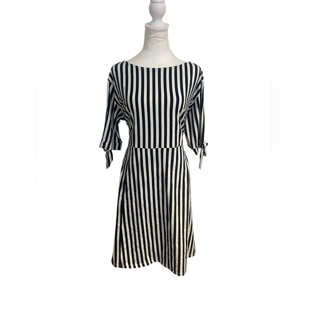 ASOS Size 16 Navy Blue & White Striped Dress Bow Sleeve Mid-Length Casual